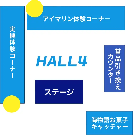 海パチスタンプラリー開催場所の地図。実機体験コーナーとアイマリン体験コーナーでスタンプを集められます。