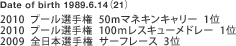 Date of birth 1989.6.14i21j
2010  v[I茠  50m}lLL[  1
2010  v[I茠  100XL[h[  1
2009  S{I茠  T[t[X  3