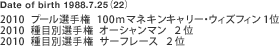 Date of birth 1988.7.25i22j
2010  v[I茠  100}lLL[EEBYtB@ 1
2010  ڕʑI茠  I[V}  Q
2010  ڕʑI茠  T[t[X  Q