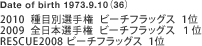 Date of birth 1973.9.10i36j
2010  ڕʑI茠  r[`tbOX  1
2009  S{I茠  r[`tbOX  P
RESCUE2008 r[`tbOX  1