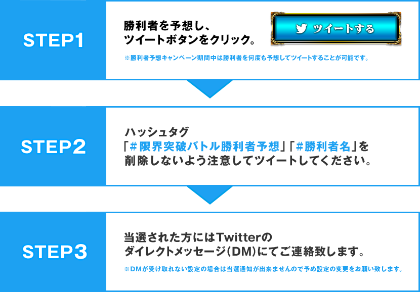 STEP1：勝利者を予想し、ツイートボタンをクリック。※勝利者予想キャンペーン期間中は勝利者を何度も予想してツイートすることが可能です。, STEP2：ハッシュタグ「#限界突破バトル勝利者予想」「#勝利者名」を削除しないよう注意してツイートしてください。, STEP3：当選された方にはTwitterのダイレクトメッセージ（DM）にてご連絡致します。※DMが受け取れない設定の場合は当選通知が出来ませんので予め設定の変更をお願い致します。