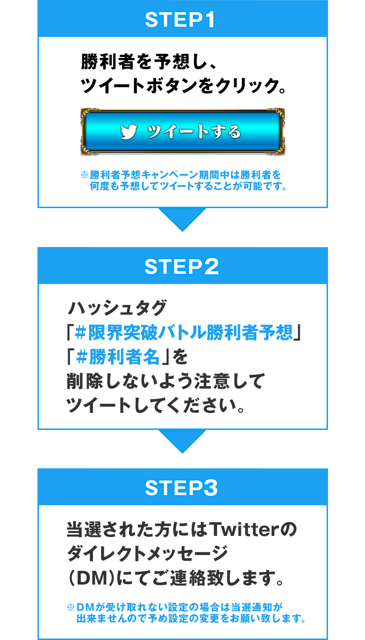 STEP1：勝利者を予想し、ツイートボタンをクリック。※勝利者予想キャンペーン期間中は勝利者を何度も予想してツイートすることが可能です。, STEP2：ハッシュタグ「#限界突破バトル勝利者予想」「#勝利者名」を削除しないよう注意してツイートしてください。, STEP3：当選された方にはTwitterのダイレクトメッセージ（DM）にてご連絡致します。※DMが受け取れない設定の場合は当選通知が出来ませんので予め設定の変更をお願い致します。